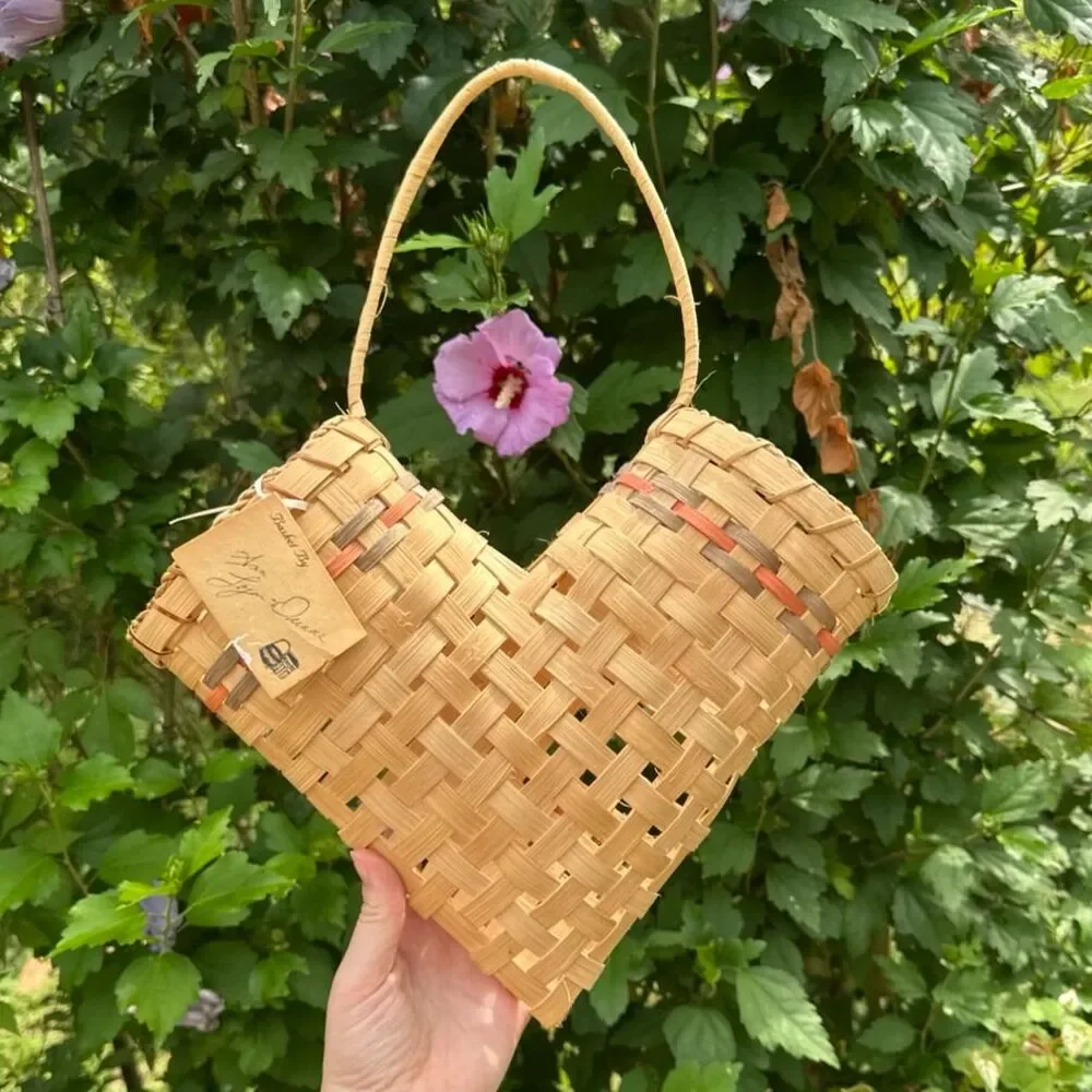 Vintage Wicker Wall Elbow Basket Double Heart Shape Hand Crafted Cottagecore